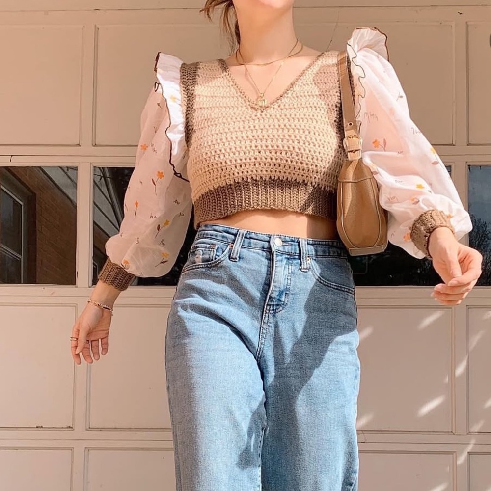 Hand Made Cropped Knit Sweater w/ Puff Sleeves